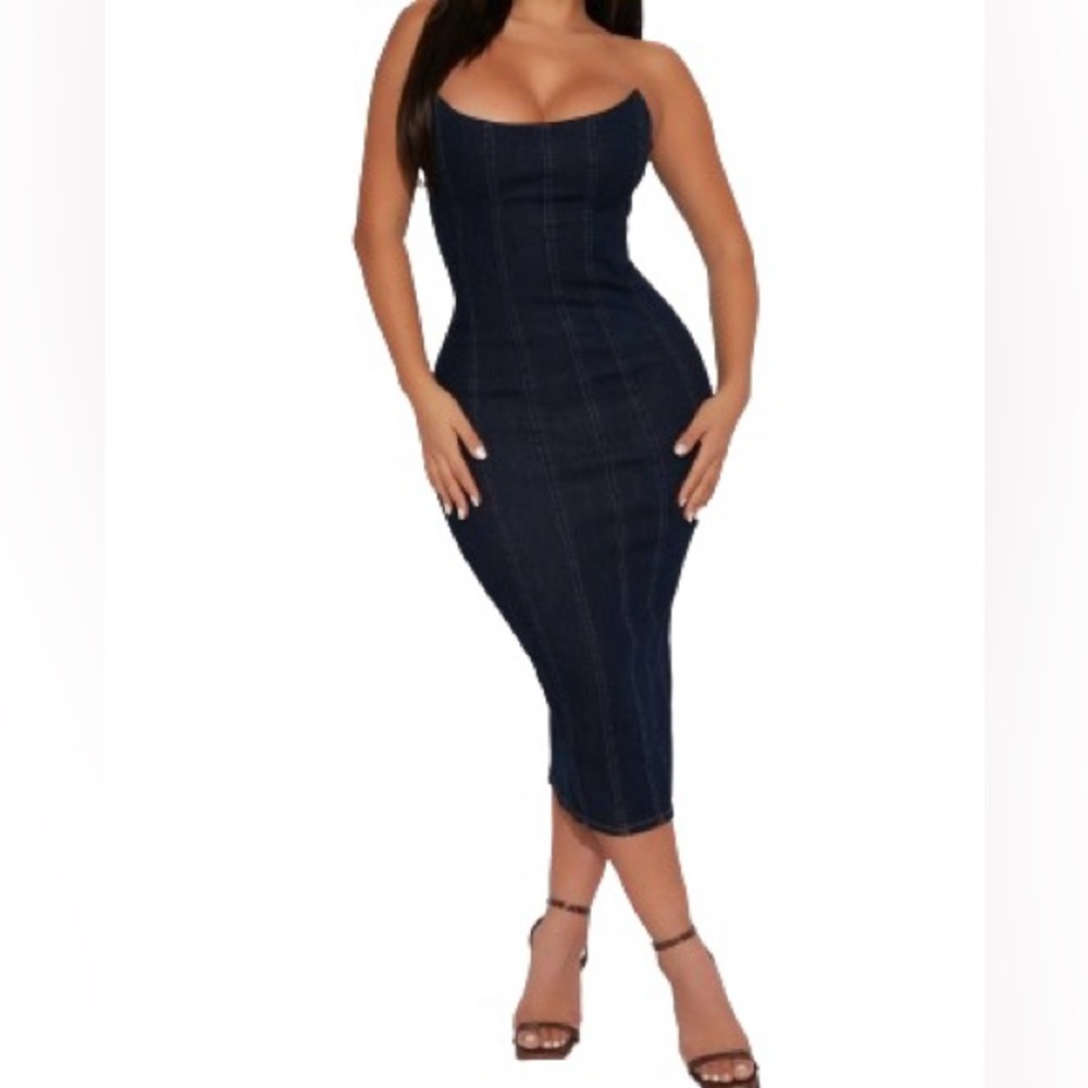 Dark Blue Denim Bodycon Midi Dress - Women